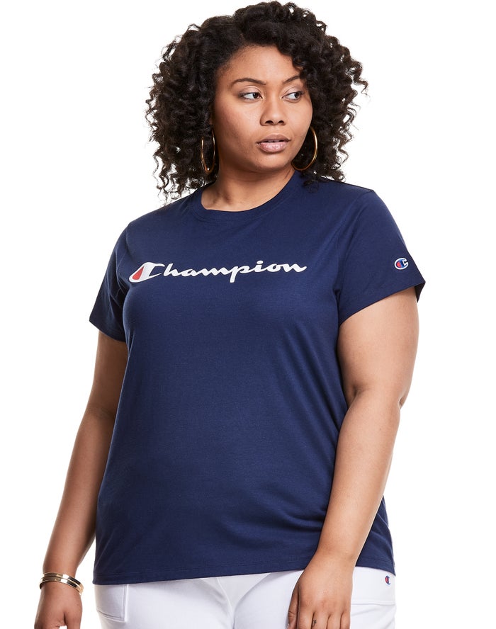 Champion Womens T-Shirt NZ - Plus Classic Script Logo Navy ( 3028-MBFUN )